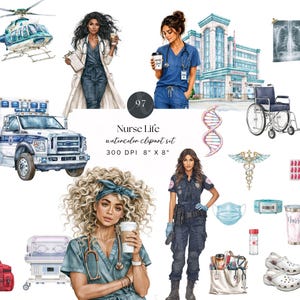 May include: Watercolor clipart set titled "Nurse Life" featuring illustrations of medical professionals, an ambulance, a helicopter, and medical equipment. The set includes a hospital, DNA strands, and a wheelchair. The image is 8" x 8" and 300 DPI.