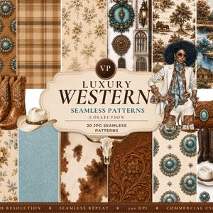 Può includere: Una collezione digitale di 20 motivi senza cuciture con immagini a tema Western, tra cui conchos turchesi, stampe floreali, motivi scozzesi, pelle bovina, cuoio lavorato, un teschio di toro, stivali da cowboy, cappelli e una persona in abbigliamento western.