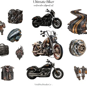 May include: Watercolor clipart set titled "Ultimate Biker" featuring various motorcycle-themed illustrations. Includes motorcycles, engine parts, a road, a vest, and a satchel. The color palette is primarily brown, black, and metallic.