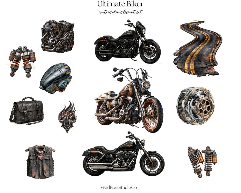 May include: Watercolor clipart set titled "Ultimate Biker" featuring various motorcycle-themed illustrations. Includes motorcycles, engine parts, a road, a vest, and a satchel. The color palette is primarily brown, black, and metallic.