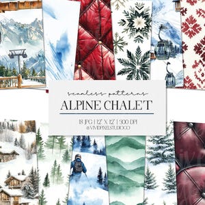 Op de afbeelding: Een verzameling naadloze aquarelpatronen met een Alpine Chalet-thema. De patronen bevatten afbeeldingen van skiliften, besneeuwde bergen, sneeuwvlokken en gewatteerde texturen. De tekst op de afbeelding luidt "Alpine Chalet".