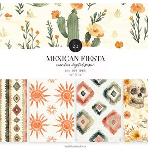 Op de afbeelding: Digitale papier set genaamd "Mexican Fiesta" met aquarel ontwerpen. Bevat patronen met cactussen, bloemen, zonnen en schedels. Elk papier meet 30,48 cm x 30,48 cm.