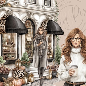 Puede incluir: Ilustraci&oacute;n digital de dos mujeres frente a una tienda con toldos negros y un acento de estampado de leopardo. Una mujer lleva un abrigo y una bufanda grises, la otra un su&eacute;ter blanco y gafas. Hay calabazas y decoraci&oacute;n oto&ntilde;al frente a la tienda.