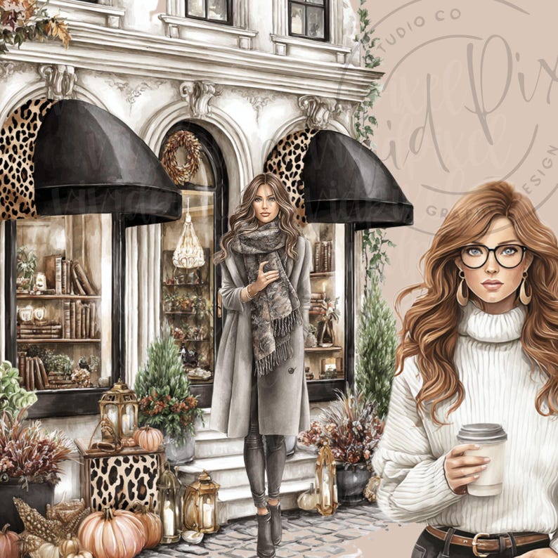Puede incluir: Ilustraci&oacute;n digital de dos mujeres frente a una tienda con toldos negros y un acento de estampado de leopardo. Una mujer lleva un abrigo y una bufanda grises, la otra un su&eacute;ter blanco y gafas. Hay calabazas y decoraci&oacute;n oto&ntilde;al frente a la tienda.