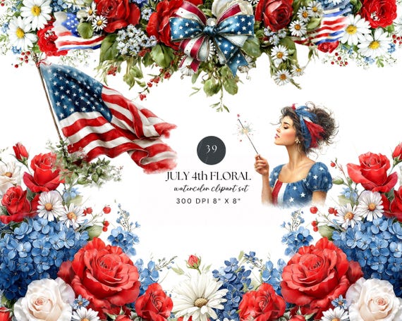 July 4th Watercolor Clipart Bundle | Patriotic Floral Clipart | Americana Bow Clipart