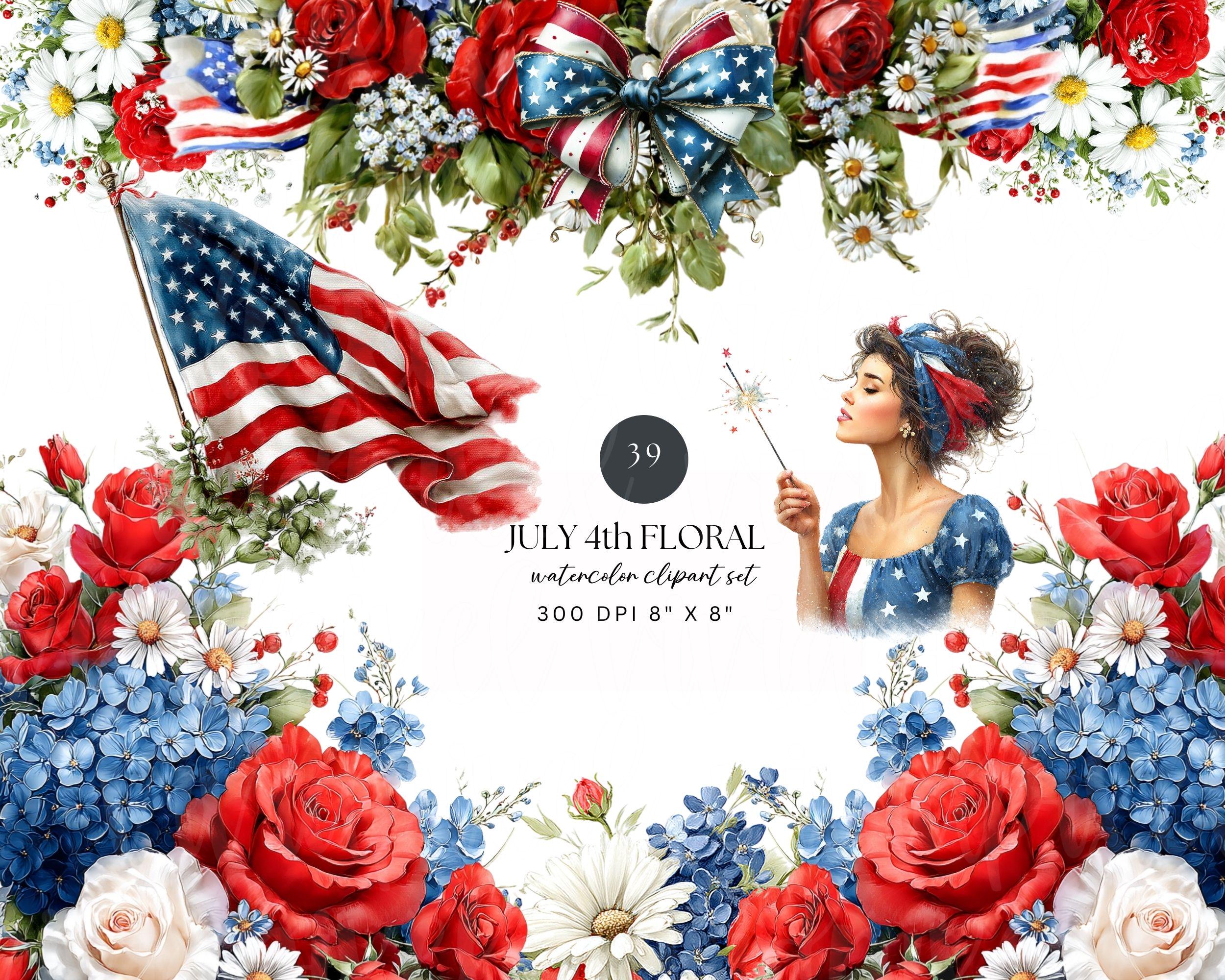 July 4th Watercolor Clipart Bundle | Patriotic Floral Clipart ...