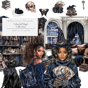 Celestial Fall Clipart Bundle | Magic Witch PNG Bundle | Gothic Witches, Moonlit Scenes, Spell Books, Dark Academia Aesthetic
