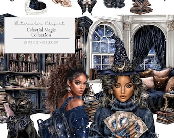 Pacote de Cliparts de Queda Celestial | Pacote PNG de Bruxa Mágica | Bruxas Góticas, Cenas de Luar, Livros de Feitiços, Estética da Academia Negra