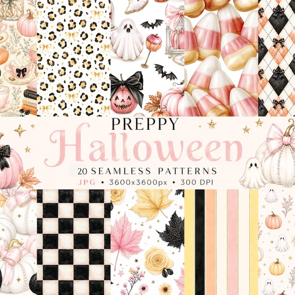 Preppy Halloween Seamless Patterns Bundle, Pink Ghost & Pumpkin Digital Paper, Coquette Halloween Scrapbook Paper Pack, 20 JPG Backgrounds