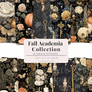 May include: A collection of seamless patterns with a dark academia theme. The patterns feature roses, pumpkins, keys, butterflies, and mushrooms in shades of cream, gold, and orange on a black background. The text "Fall Academia Collection" is displayed.