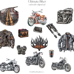 May include: Watercolor clipart set titled "Ultimate Biker" featuring various motorcycle-related illustrations. Includes motorcycles, leather jackets, engine parts, gloves, a road, and a flame design. The color palette is dominated by browns, blacks, and oranges.