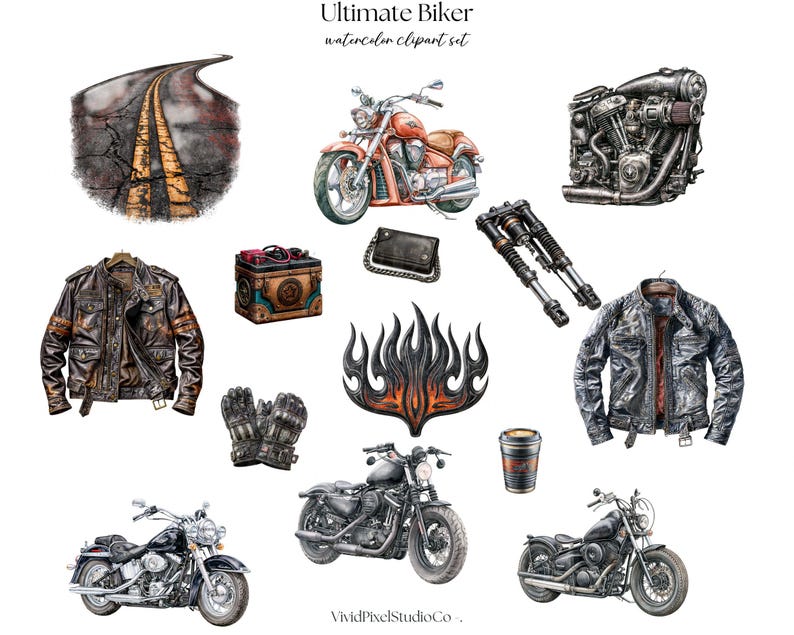 May include: Watercolor clipart set titled "Ultimate Biker" featuring various motorcycle-related illustrations. Includes motorcycles, leather jackets, engine parts, gloves, a road, and a flame design. The color palette is dominated by browns, blacks, and oranges.