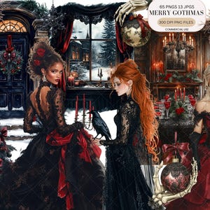 May include: Digital illustration featuring three women in gothic attire, with long black dresses and red accents. The scene includes a raven, Christmas decorations, and the text "MERRY GOTHMAS". The overall theme is dark and festive.