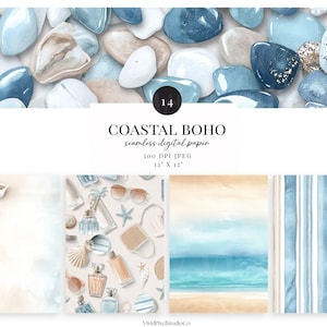 Coastal Boho Seamless Digital Paper |Beach Aesthetic Patterns | Neutral Blue Textures | Summer Scrapbook Paper JPG Digital Download