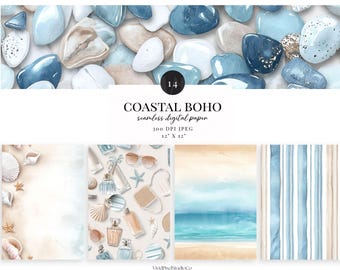 Coastal Boho Seamless Digital Paper |Beach Aesthetic Patterns | Neutral Blue Textures | Summer Scrapbook Paper JPG Digital Download