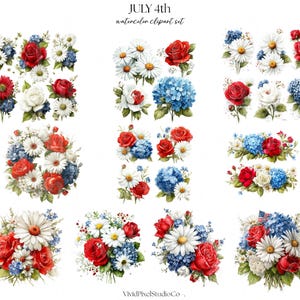 May include: Watercolor clipart set featuring floral arrangements in red, white, and blue. The arrangements include roses, daisies, and hydrangeas, perfect for patriotic-themed projects. The text "JULY 4th watercolor clipart set" is at the top.