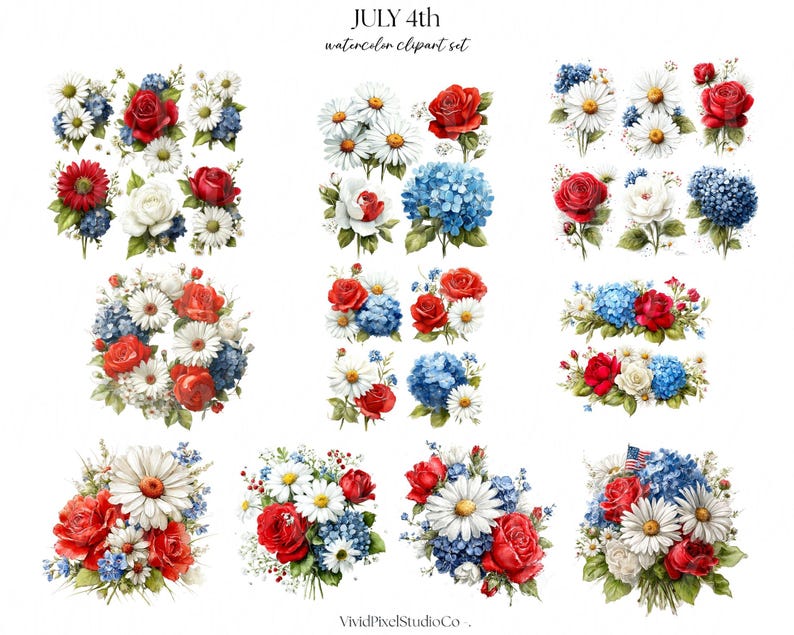 May include: Watercolor clipart set featuring floral arrangements in red, white, and blue. The arrangements include roses, daisies, and hydrangeas, perfect for patriotic-themed projects. The text "JULY 4th watercolor clipart set" is at the top.