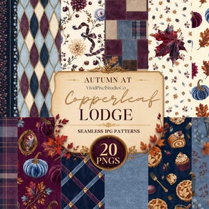 May include: A collection of 20 seamless digital patterns featuring autumn themes including pumpkins, fall leaves, plaid textures, and baked goods. The central text reads AUTUMN AT VividPixelStudioCo Copperleaf LODGE SEAMLESS JPG PATTERNS 20 PNGS.