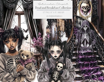 Gothic Haunted House Clipart Bundle | Dead and Breakfast, Dark Academia Halloween Aesthetic, Spooky Skeletons & Creepy Dolls PNG Set