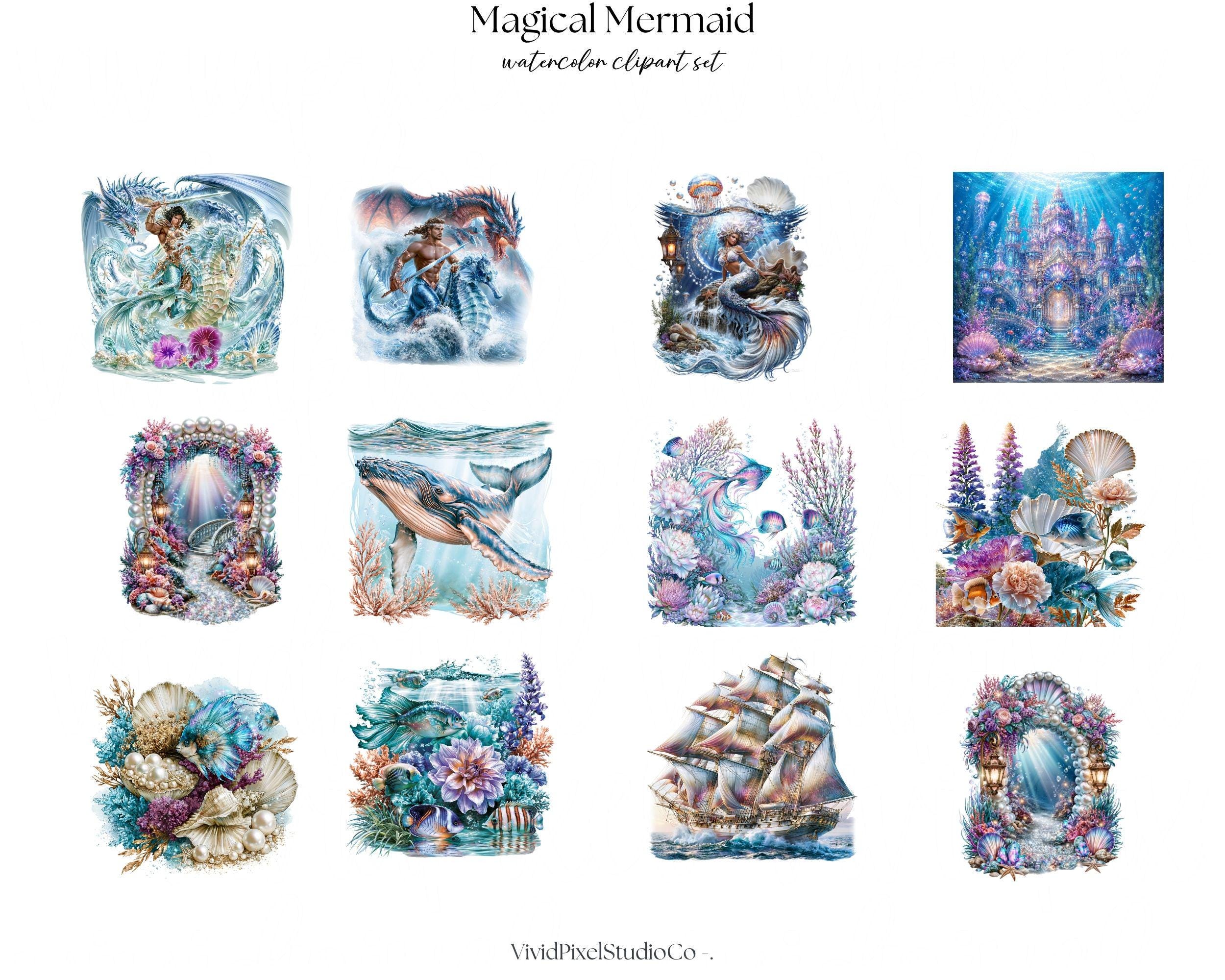 Magical Mermaid Clipart Bundle, Watercolor Mermaid Clipart, Fantasy ...