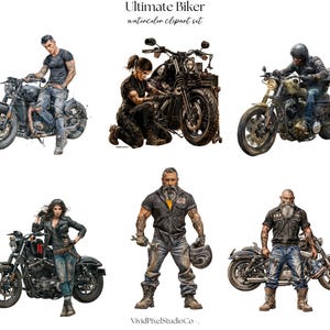May include: Watercolor clipart set titled "Ultimate Biker." The image features six illustrations of bikers with motorcycles. The bikers are depicted in various poses, including riding, working on, and posing with their bikes. The color palette includes blacks, grays, and browns.
