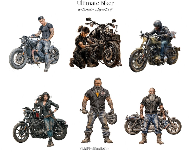 May include: Watercolor clipart set titled "Ultimate Biker." The image features six illustrations of bikers with motorcycles. The bikers are depicted in various poses, including riding, working on, and posing with their bikes. The color palette includes blacks, grays, and browns.