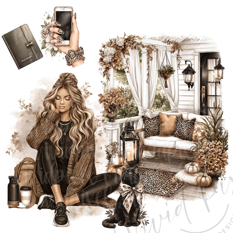 Puede incluir: Ilustraci&oacute;n digital de una mujer con cabello rubio largo, vestida con un c&aacute;rdigan marr&oacute;n y pantalones negros, sentada cerca de un porche con un gato negro con un lazo. La escena incluye un tel&eacute;fono, un diario y cojines con estampado de leopardo.