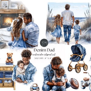 Pode incluir: Conjunto de cliparts em aquarela "Denim Dad" com ilustrações de pais com filhos, um carrinho de bebé e outros itens relacionados. As imagens são em tons de azul e bege, com foco na família e cenas ao ar livre.