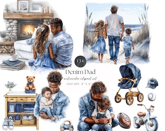 Denim pappa Clipart | Fars dag PNGs | Pappa och bebis akvarell Clipart | Blå neutral pappaliv | Barnkammar Clipart | Sublimering PNG