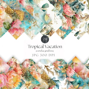 May include: A set of 28 seamless patterns with a tropical vacation theme. The designs showcase watercolour illustrations of flowers, fruits, and seashells in pink, yellow, teal, and gold. The text "Tropical Vacation" is displayed.