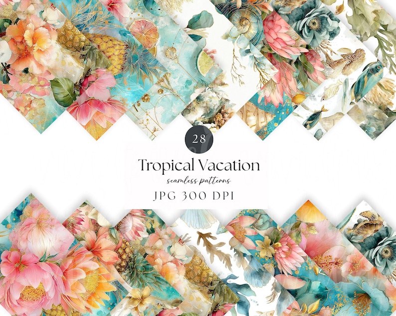 May include: A set of 28 seamless patterns with a tropical vacation theme. The designs showcase watercolour illustrations of flowers, fruits, and seashells in pink, yellow, teal, and gold. The text "Tropical Vacation" is displayed.