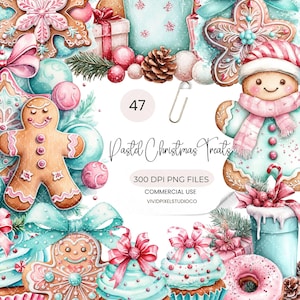 May include: Watercolor illustration of pastel Christmas treats, including gingerbread men, cupcakes, and donuts. The image features pink and blue bows, ornaments, and gift boxes. Text reads "47 Pastel Christmas Treats" and "300 DPI PNG FILES COMMERCIAL USE".
