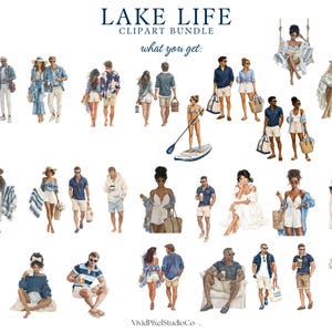 Puede incluir: Conjunto de im&aacute;genes predise&ntilde;adas de acuarela "Lake Life" con ilustraciones de personas con ropa informal de verano. Las im&aacute;genes incluyen parejas, individuos y personas en tablas de paddle surf, todo en un ambiente relajado con tem&aacute;tica de playa. Tambi&eacute;n se incluye el texto "what you get:"