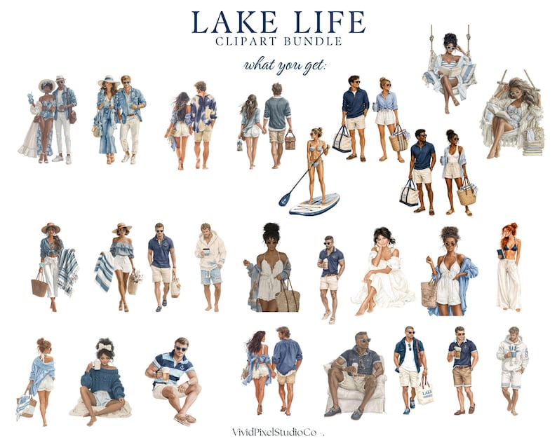 Puede incluir: Conjunto de im&aacute;genes predise&ntilde;adas de acuarela "Lake Life" con ilustraciones de personas con ropa informal de verano. Las im&aacute;genes incluyen parejas, individuos y personas en tablas de paddle surf, todo en un ambiente relajado con tem&aacute;tica de playa. Tambi&eacute;n se incluye el texto "what you get:"