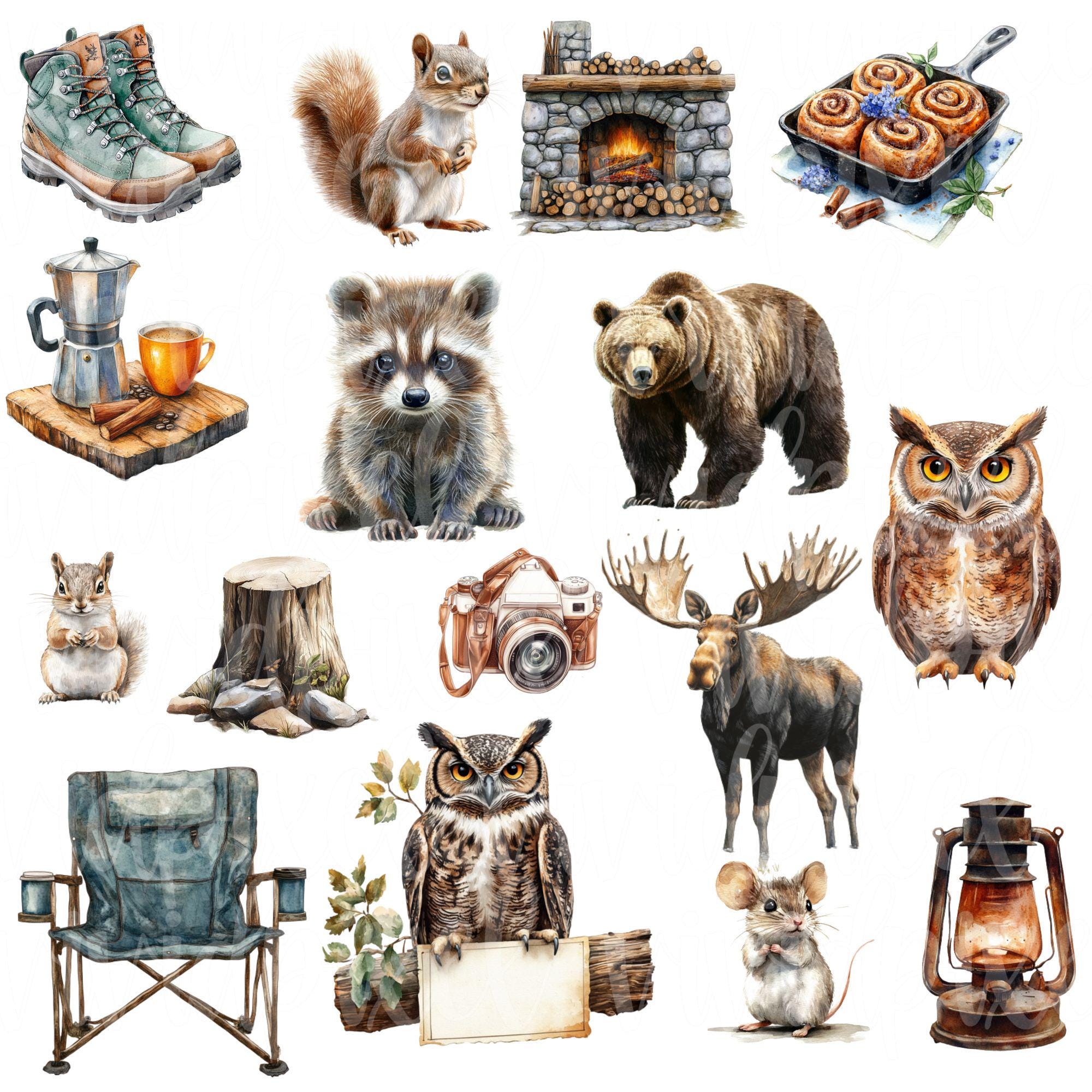 Watercolor Cute Camping Clipart Bundle | Woodland Mountain PNG Set ...