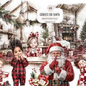 Könnte beinhalten: Aquarellillustration von Santa Claus mit Kindern in einer gemütlichen Küche. Die Szene zeigt einen Weihnachtsbaum, einen Kamin und den Text "Cookies for Santa". Kinder tragen rot-schwarz karierte Pyjamas. Kekse und Milch stehen auf der Theke.