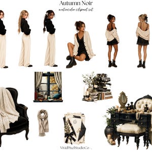 Op de afbeelding: Autumn Noir aquarel clipart set met illustraties van mensen in truien en broeken, een zwarte fauteuil met een kabelgebreide plaid, een raamsc&egrave;ne, een koffiezetapparaat, een sjaal, briefpapier met een pen en een kaptafel met een spiegel.