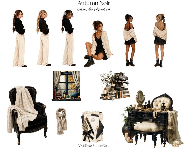 Op de afbeelding: Autumn Noir aquarel clipart set met illustraties van mensen in truien en broeken, een zwarte fauteuil met een kabelgebreide plaid, een raamsc&egrave;ne, een koffiezetapparaat, een sjaal, briefpapier met een pen en een kaptafel met een spiegel.