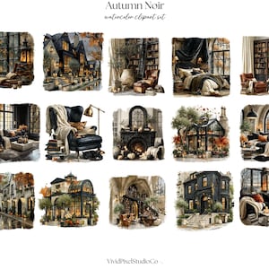 Op de afbeelding: Een digitale collectie getiteld Autumn Noir watercolor clipart set met vijftien individuele illustraties van donkere, sfeervolle interieur- en exterieursc&egrave;nes, waaronder bibliotheken, woonkamers, slaapkamers, kassen en huizen met herfstbladeren.
