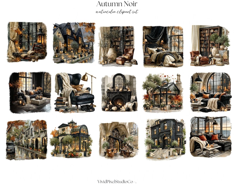 Op de afbeelding: Een digitale collectie getiteld Autumn Noir watercolor clipart set met vijftien individuele illustraties van donkere, sfeervolle interieur- en exterieursc&egrave;nes, waaronder bibliotheken, woonkamers, slaapkamers, kassen en huizen met herfstbladeren.
