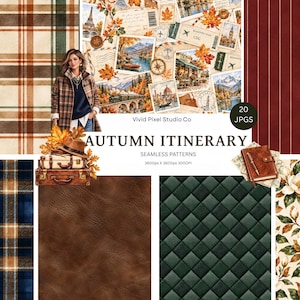 Può includere: Una collezione digitale di 20 motivi senza cuciture intitolata Autumn Itinerary, che presenta disegni a quadri, collage a tema viaggio con foglie autunnali, strisce rosso scuro, texture in pelle marrone, tessuto trapuntato verde e motivi floreali.