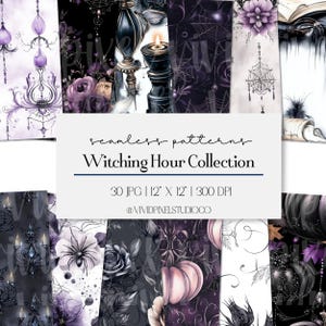 May include: A selection of seamless patterns with a gothic theme. The patterns include spiders, roses, and pumpkins in purple, black, and white. The image text reads "Witching Hour Collection" and "30 JPG | 12" X 12" | 300 DPI". The patterns are 30.48 cm x 30.48 cm.