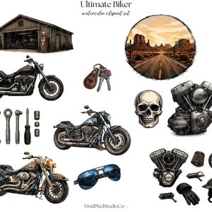 May include: Watercolor clipart set featuring various biker-themed illustrations. Includes motorcycles, tools, a skull, engine parts, sunglasses, a helmet, and a desert landscape scene. The set is titled "Ultimate Biker."
