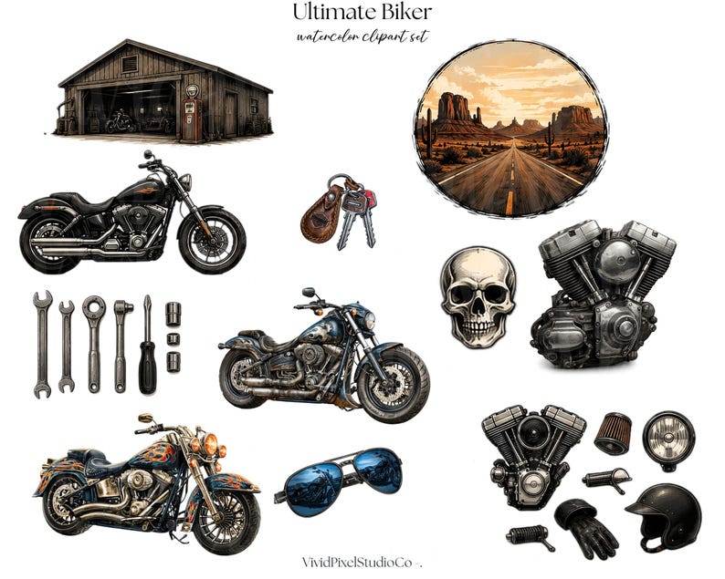 May include: Watercolor clipart set featuring various biker-themed illustrations. Includes motorcycles, tools, a skull, engine parts, sunglasses, a helmet, and a desert landscape scene. The set is titled "Ultimate Biker."