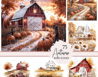 Autumn Barn Clipart Bundle: Watercolor Farmhouse Scenes (PNG Digital Download