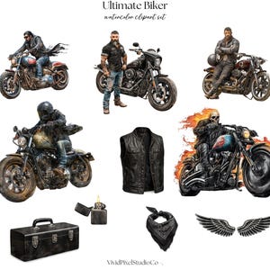 May include: Watercolor clipart set featuring motorcycles, biker jackets, a toolbox, a bandana, and other biker-themed accessories. The set includes illustrations of bikers and flaming motorcycles. The color palette includes black, brown, and shades of blue.