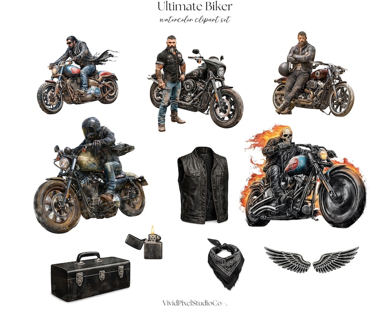 May include: Watercolor clipart set featuring motorcycles, biker jackets, a toolbox, a bandana, and other biker-themed accessories. The set includes illustrations of bikers and flaming motorcycles. The color palette includes black, brown, and shades of blue.