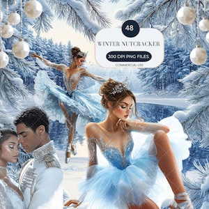 Puede incluir: Ilustración digital que representa una escena invernal con bailarinas con vestidos azul claro y una pareja con ropa formal. La imagen incluye el texto "Winter Nutcracker" y "300 DPI PNG FILES". Adornos blancos cuelgan de ramas cubiertas de nieve.