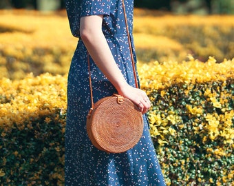 Round Rattan Crossbody Bag - Button Clip | Woven Wicker Bag, Straw Crossbody Bag, Rattan Weave Handbag, Round Straw Bag, Straw Basket Bag