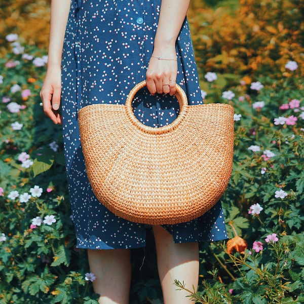 Clearance! Half Moon Straw Bag - Straw Beach Bag, Woven Tote Bag, Straw Tote, Large Wicker Bag, Straw Handbag, Beach Tote Bag for Holiday